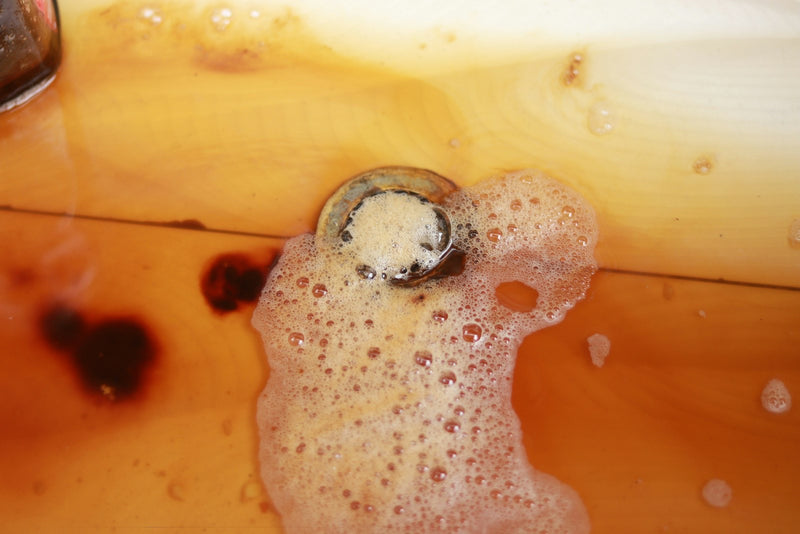 Brown standing water and foam pooled around a tub drain